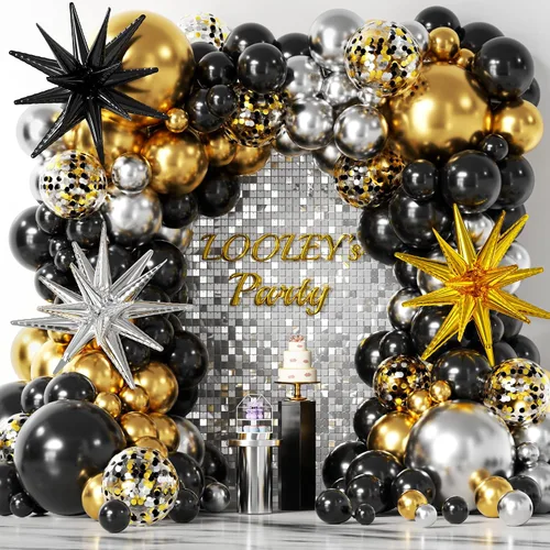 Kit de guirnalda de arco de 137 piezas de globos negros, dorados y plateados con estrellas - 5, 10, 12, 18 pulgadas globos de látex negros, dorados