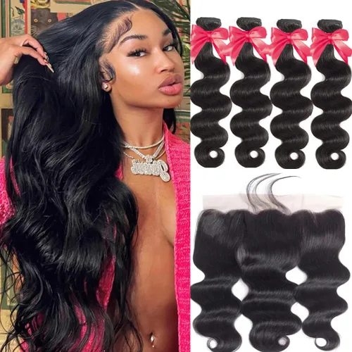 Extensiones de cabello brasileño ondulado con frontal (22 24 26 28+20 frontal) 13 × 4 cierre frontal de encaje de oreja a oreja con 4 paquetes de