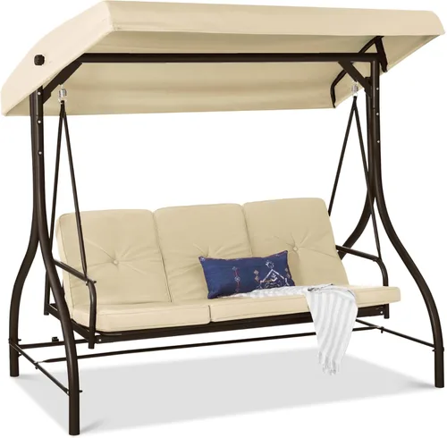Miniatura 14 de Best Choice Products Columpio Deslizante con Toldo Convertible Grande de 3 Asientos para Exteriores, Hamaca de Patio, Silla de Descanso para Porche