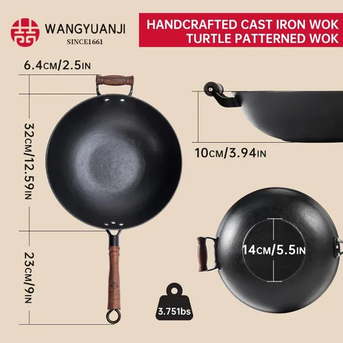 Miniatura 2 de WANYUANJI Wok de hierro fundido, wok de fondo plano de 12.59 pulgadas con tapa de vidrio, adecuado para todos los fogones, olla de artesanía