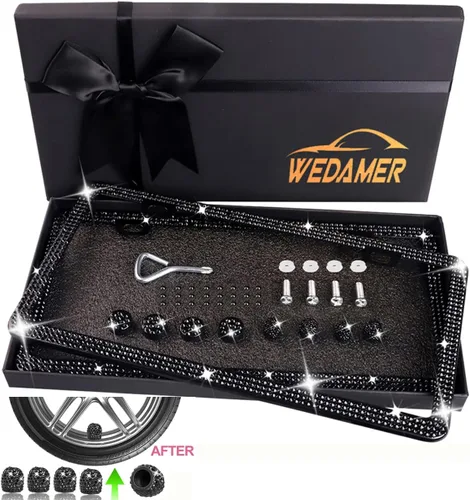 Miniatura 2 de WEDAMER Paquete de 2 marcos de matrícula negros para mujer, marco de matrícula con diamantes de imitación brillantes con purpurina deslumbrante