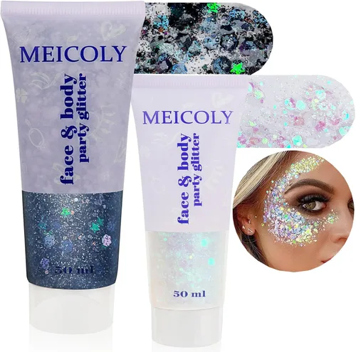 MEICOLY Juego de purpurina negra y blanca transparente, gel de purpurina de cara de sirena, accesorios para festivales de cantantes, accesorios para