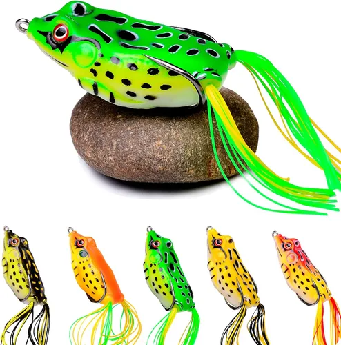 Miniatura 9 de Señuelo de rana Topwater, kit de señuelos de pesca para trucha, señuelos de rana realistas con ganchos sin hierbas, cebo flotante suave para agua