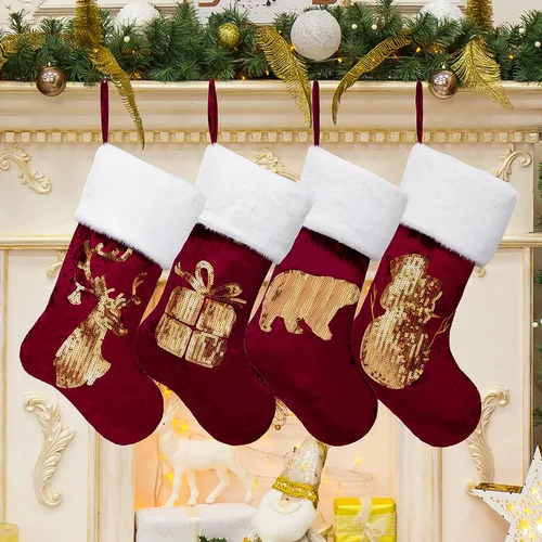 Miniatura 21 de GEX Medias de Navidad Paquete de 6 para Familia 20" Grandes Lentejuelas Doradas de Seda con Suave Piel Sintética Bordada Decoraciones Clásicas