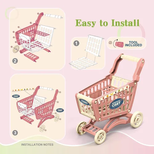 Miniatura 4 de RedCrab Carrito de compras para niños, juguete de supermercado, 54 piezas, incluye carrito de comestibles, tarjeta de crédito, frutas y verduras