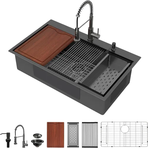 Miniatura 18 de Fregadero de cocina negro de 30"x19", estación de trabajo con revestimiento nano, acero inoxidable 304 calibre 16, hecho a mano, montaje superior