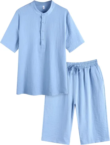 Miniatura 7 de COOFANDY Conjunto de lino de 2 piezas para hombre camisas casuales Henley de manga corta pantalones cortos de yoga para playa trajes de verano