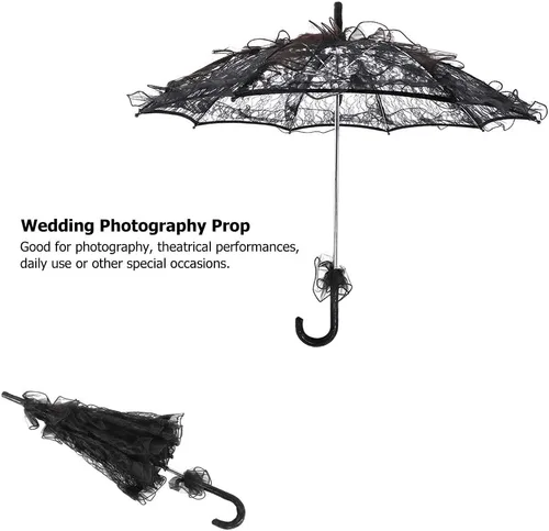 Miniatura 4 de Fdit Paraguas de algodón con encaje nupcial para fiestas de boda Baile Fotografía Prop (negro)