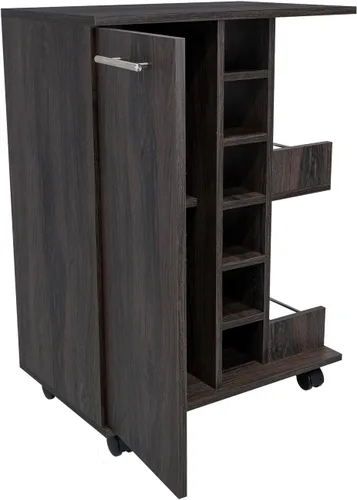 Miniatura 6 de Tuhome Carrito de bar, dos estantes externos, cuatro ruedas, seis estante de vino incorporado, gabinete de una sola puerta -Espresso