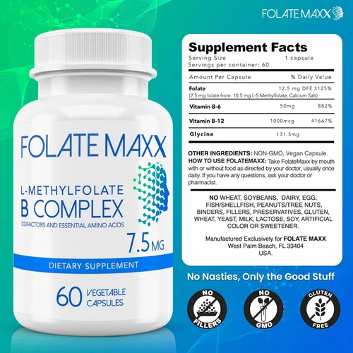 Miniatura 4 de L Metilfolato 7.5 mg con complejo activo de vitamina B – 60 cápsulas – 5-MTHF de alta potencia con mezcla B6 y suplemento de metilo B12 – 3 en 1