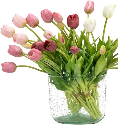 Miniatura 5 de DUYONE 15 tulipanes artificiales, ramo de látex, tulipanes falsos para oficina, boda, fiesta, hogar, cocina, jardín (rosa claro, 15 unidades)