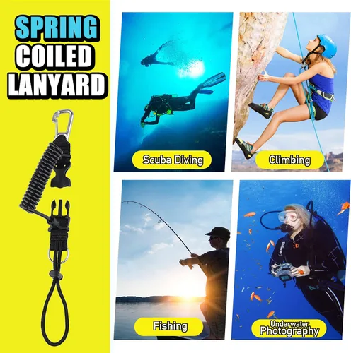 Miniatura 6 de Buceo bobina Landyard, cordón de acero inoxidable para cámara en espiral con hebilla de metal de liberación rápida Amarillo