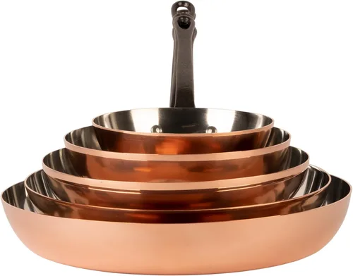 Miniatura 3 de Sartén de cobre estañado con mango de hierro fundido Sartén tradicional de cobre macizo con revestimiento de estaño Sartén fabricada en Francia