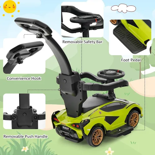 Miniatura 3 de INFANS 3 en 1 Coche de paseo con licencia Lamborghini, cochecito de bebé con empuje, coche de paseo deslizante con asa de empuje, música, USB, faro