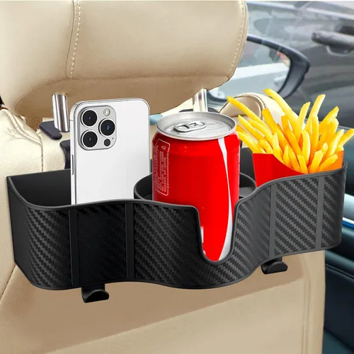 OUSHASAA Organizador de reposacabezas de asiento trasero 3 en 1 con portavasos de asiento trasero de 3.7 pulgadas para automóvil, organizador de
