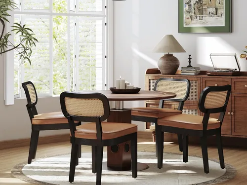 Miniatura 8 de Juego de 4 sillas de comedor de ratán de granja, sillas modernas de madera para cocina y comedor con respaldo de caña, cómodo asiento tapizado