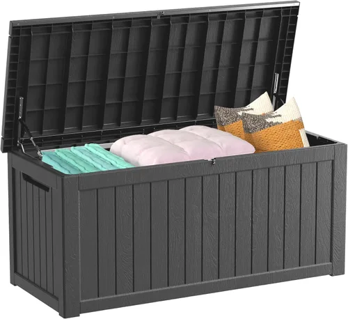 Miniatura 13 de Caja de almacenamiento para exteriores de 35 galones, caja de resina impermeable y con cierre para terraza, grande, contenedor de almacenamiento