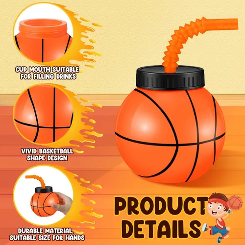 Miniatura 2 de Nuanchu 12 juegos de tazas de baloncesto de 14 onzas con pajitas y tapas, regalos de fiesta de baloncesto de plástico a granel reutilizables