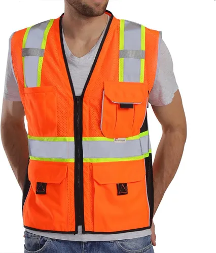 Miniatura 12 de Dib Safety - Chaleco reflectante amarillo de malla, chaleco de alta visibilidad con bolsillos y cremallera, ANSI clase 2 de servicio pesado, hecho