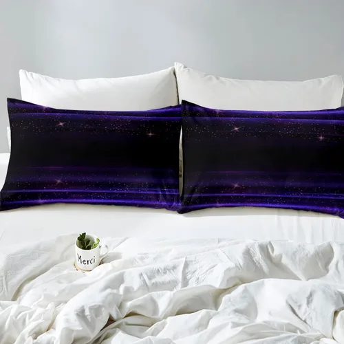 Miniatura 5 de Erosebridal Juego de edredón de rayas geométricas, tamaño matrimonial, color morado y negro, degradado acuarela, degradado, estrellas, galaxia