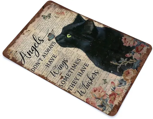 Miniatura 3 de Angels Don't Always Have Wings Sometimes They Have Whiskers - Letrero de hojalata vintage floral negro gato amante de los gatos, placa vintage