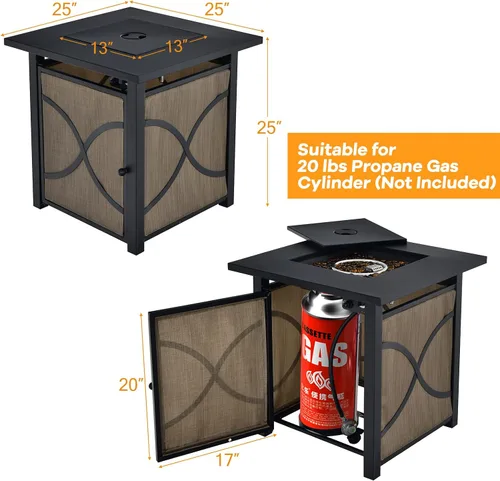 Miniatura 7 de Giantex Mesa de fuego de propano de 25 pulgadas, mesa cuadrada de gas de 40000 BTU con tapa, vidrio de fuego y llama ajustable, aprobada por la CSA