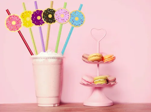 Miniatura 2 de 24 popotes reutilizables con forma de dona y arco iris loco para suministros de fiesta de cumpleaños, decoraciones de fiesta con 2 cepillos