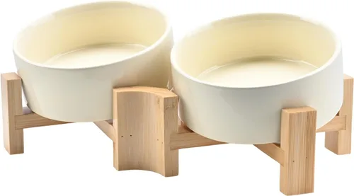 Miniatura 18 de SPUNKYJUNKY Cuenco de cerámica inclinado de 15° para perros y gatos con soporte de madera, cuenco inclinado para comida y agua para bulldog Blanco