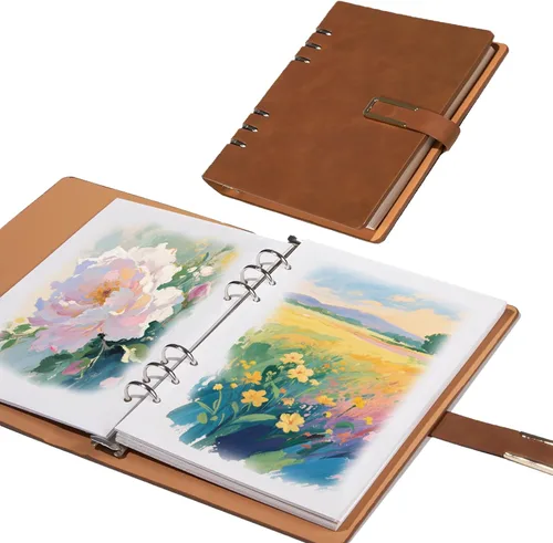 Miniatura 8 de Cuaderno de bocetos profesional de acuarela con carpeta de 6 anillas, 20 hojas de papel de prensa en frío 100% algodón 100% algodón sin ácidos, 9.25