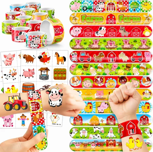 72 recuerdos de fiesta de animales de granja, 48 tatuajes precortados y 24 pulseras de palmada, suministros de cumpleaños de granero, decoraciones