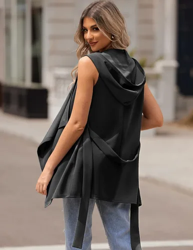 Miniatura 3 de Grabsa Cárdigan sin mangas para mujer, chalecos a la moda, elegante, asimétrico, con capucha, frente abierto, gabardina con cinturón