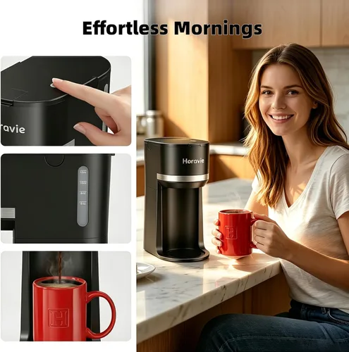 Miniatura 7 de Horavie Mini - Cafetera de porción individual para cápsulas K Cup y café molido, máquina de café de preparación rápida de una taza con recordatorio