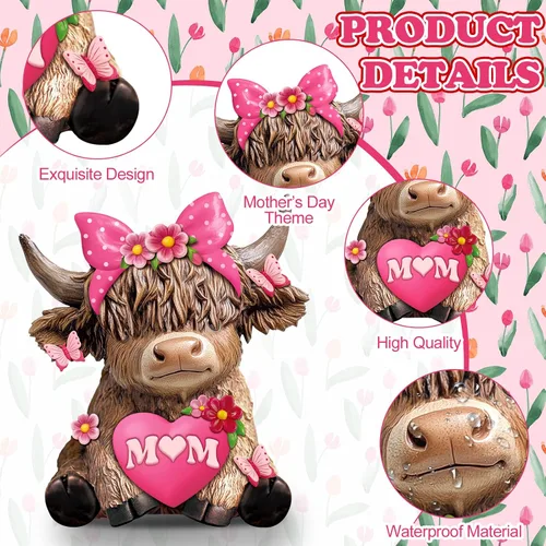Miniatura 4 de Karenhi 2 piezas de figuritas de vaca de las Tierras Altas para el Día de la Madre, figuritas de gnomo de vaca con flores y corazón de MADRE