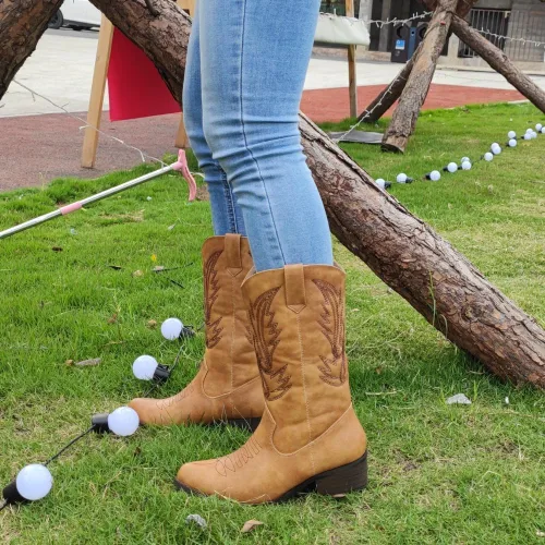 Miniatura 8 de Botas vaqueras para mujer, punta puntiaguda, a media pantorrilla, zapatos de moda occidental