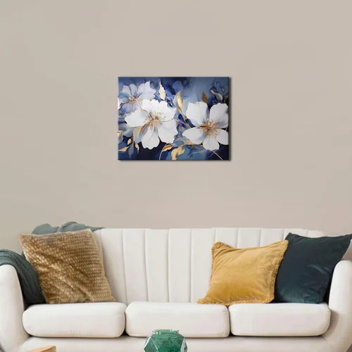 Miniatura 6 de Arte de pared abstracto de flores blancas azules y doradas, decoración de pared azul marino y dorado, marmoleado de flores silvestres