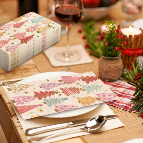 Miniatura 5 de Paquete de 100 servilletas de papel desechables estilo bohemio con árbol de Navidad rosa, servilletas de mano para el hogar, cocina, baño, 13 x 15.7