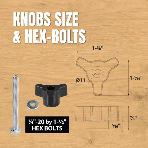 Miniatura 3 de POWERTEC 71888 Kit de Perillas de Riel en T y Tope Abatible para Valla de 3", con Pernos Hexagonales de 1/4"-20 x 1-1/2" y Arandelas de 1/4", Kit