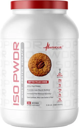 Metabolic Nutrition Proteína de suero Isolate ISO PWDR Butter Pecan Cookie, 3.04 libras, 23 porciones, 0.86 oz de proteína, digestión rápida, cero