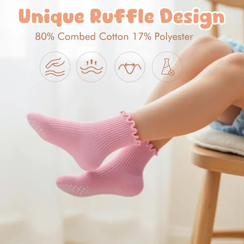 Miniatura 4 de HONGTEYA - 6 pares de calcetines con volantes para niñas, calcetines antideslizantes para bebés con agarre para niñas y niños de 1 a 2 años, 3 a 4