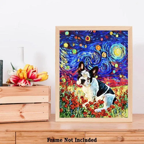 Miniatura 6 de Bestbuddy Pet 8X10 sin marco noche estrellada bulldog francés blanco negro animales amante familia paz amor pintura al óleo impresión arte impresión
