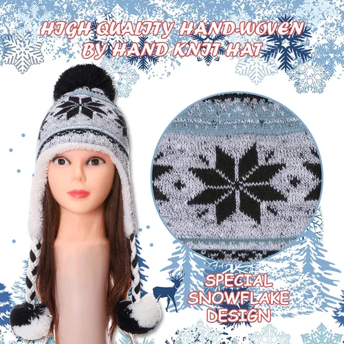 Miniatura 4 de Gorro invernal Dosoni para mujer, de punto, con orejeras, suave, cálido y acogedor, diseño de copos de nieve