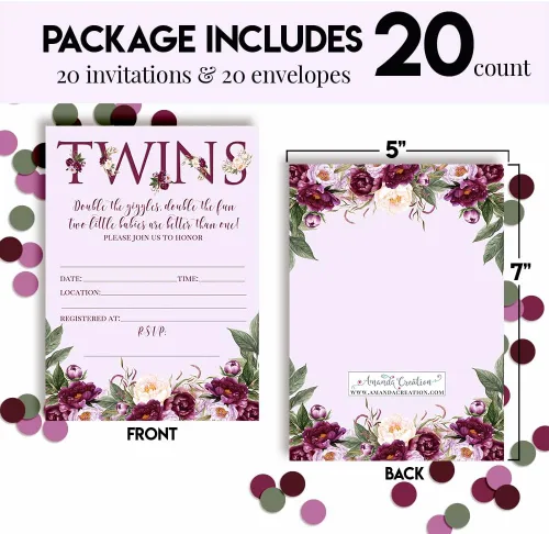 Miniatura 4 de AmandaCreation - Invitaciones florales de peonía morada para baby shower para gemelos, 20 tarjetas de relleno de 5 x 7 pulgadas con veinte sobres