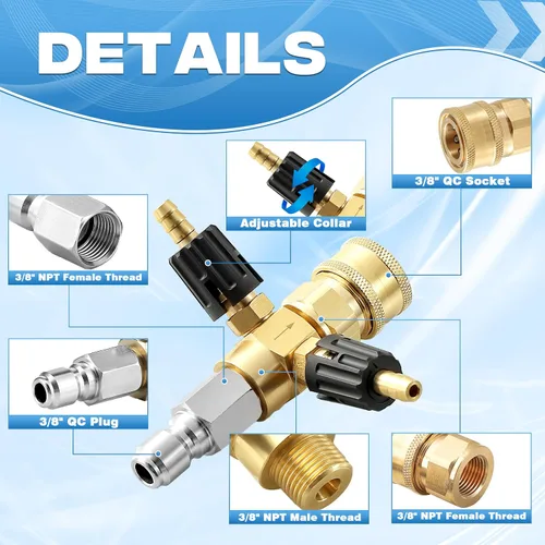 Miniatura 2 de JOEJET inyector aguas abajo para lavadora a presión, kit de inyección de químicos de doble reborde ajustable con conexión rápida de 3/8 pulgadas