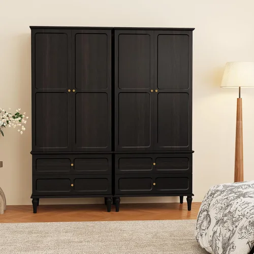 Miniatura 6 de HLR Armario moderno de mediados de siglo de 71 pulgadas con puertas y cajones, armario de almacenamiento de madera con barra para colgar para Negro