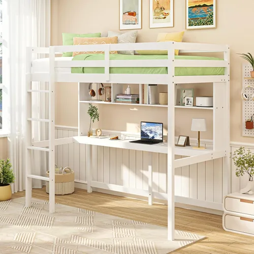 Giantex Cama alta individual con escritorio y estantería, marco de cama alta de madera maciza con barandillas de seguridad y escalera, marco de cama