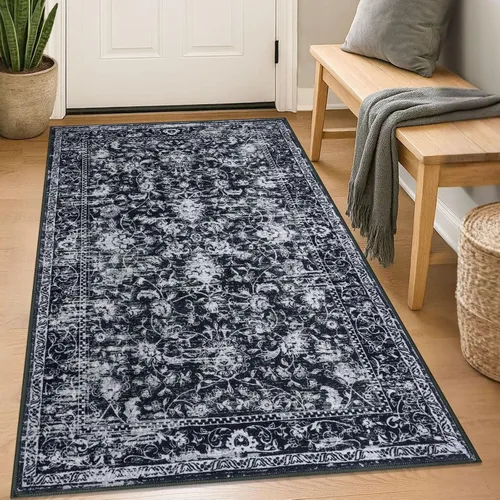 Miniatura 67 de KILOCOCO Alfombra lavable de 2 x 3 para entrada, estampado floral vintage, suave, antideslizante, azul, alfombras de cocina, tapete