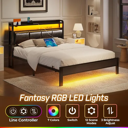 Miniatura 3 de Rolanstar Armazón de cama tamaño Full con estación de carga y luces LED, cabecera de cuero PU con estantes de almacenamiento, listones de metal