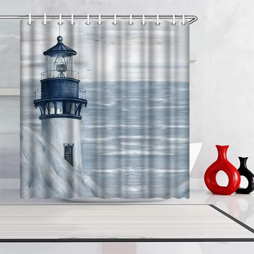 Miniatura 2 de Cortina de ducha con diseño de faro, decoración de baño, 72 x 72 pulgadas, diseño náutico de paisaje marino, tela de poliéster, con ganchos CRT355