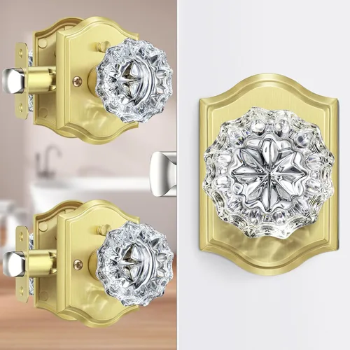 Miniatura 27 de Pomos de puerta de cristal para interiores, pomos de puerta de cristal de latón envejecido con cerradura para uso de privacidad, pomos de puerta