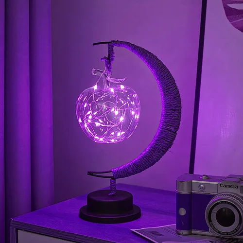 Lámpara lunar encantada, lámpara LED colgante de luna, luz nocturna conmemorativa, adorno de Navidad para el hogar (manzana morada)